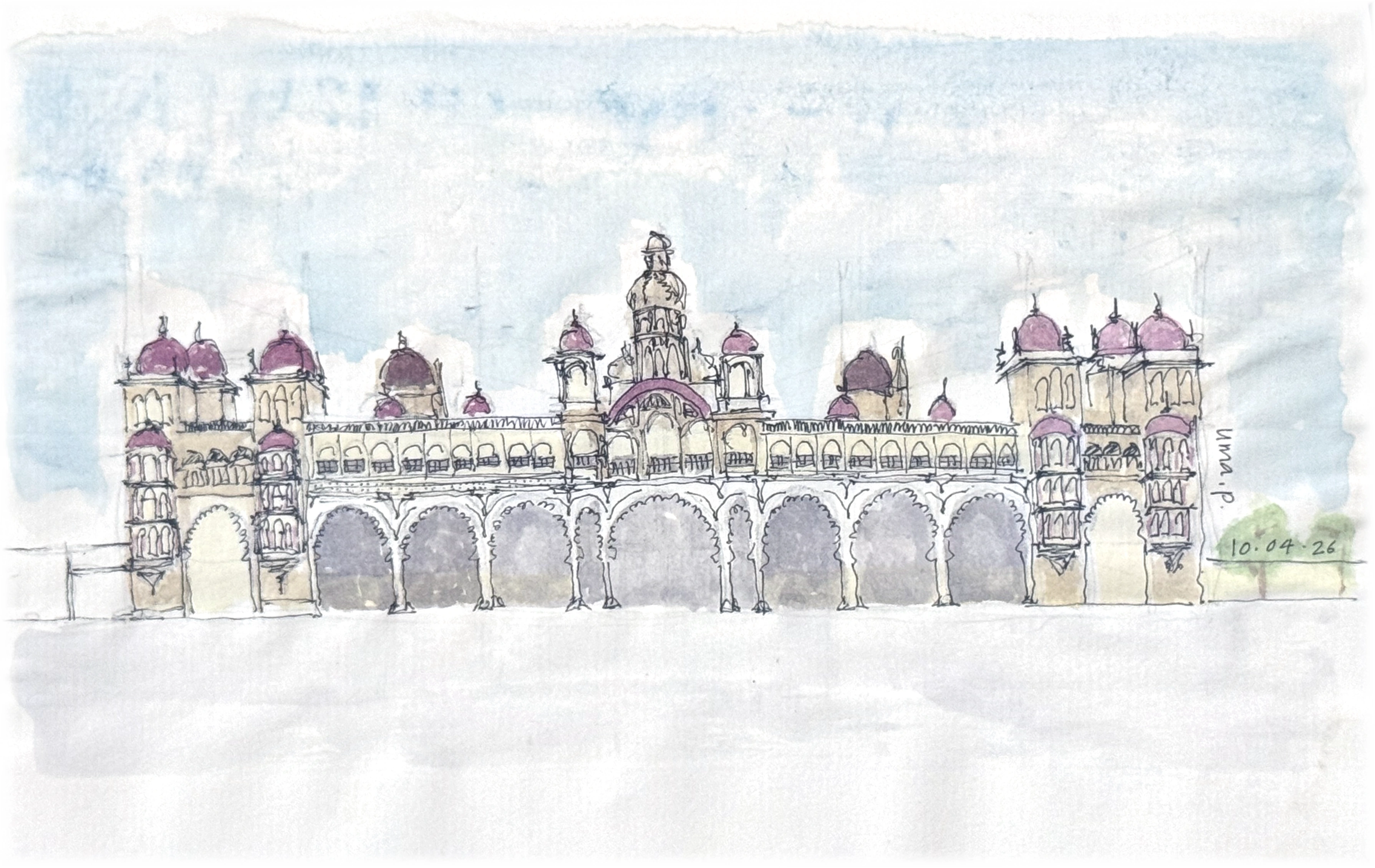 Uma’s watercolour and pencil study of Mysore Palace, with the original handwritten signature and date
