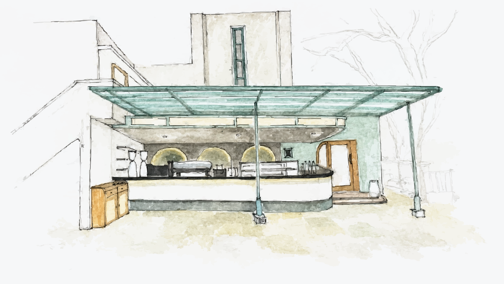 Uma’s watercolour and pencil sketch of a café, with a green canopy and curved counter