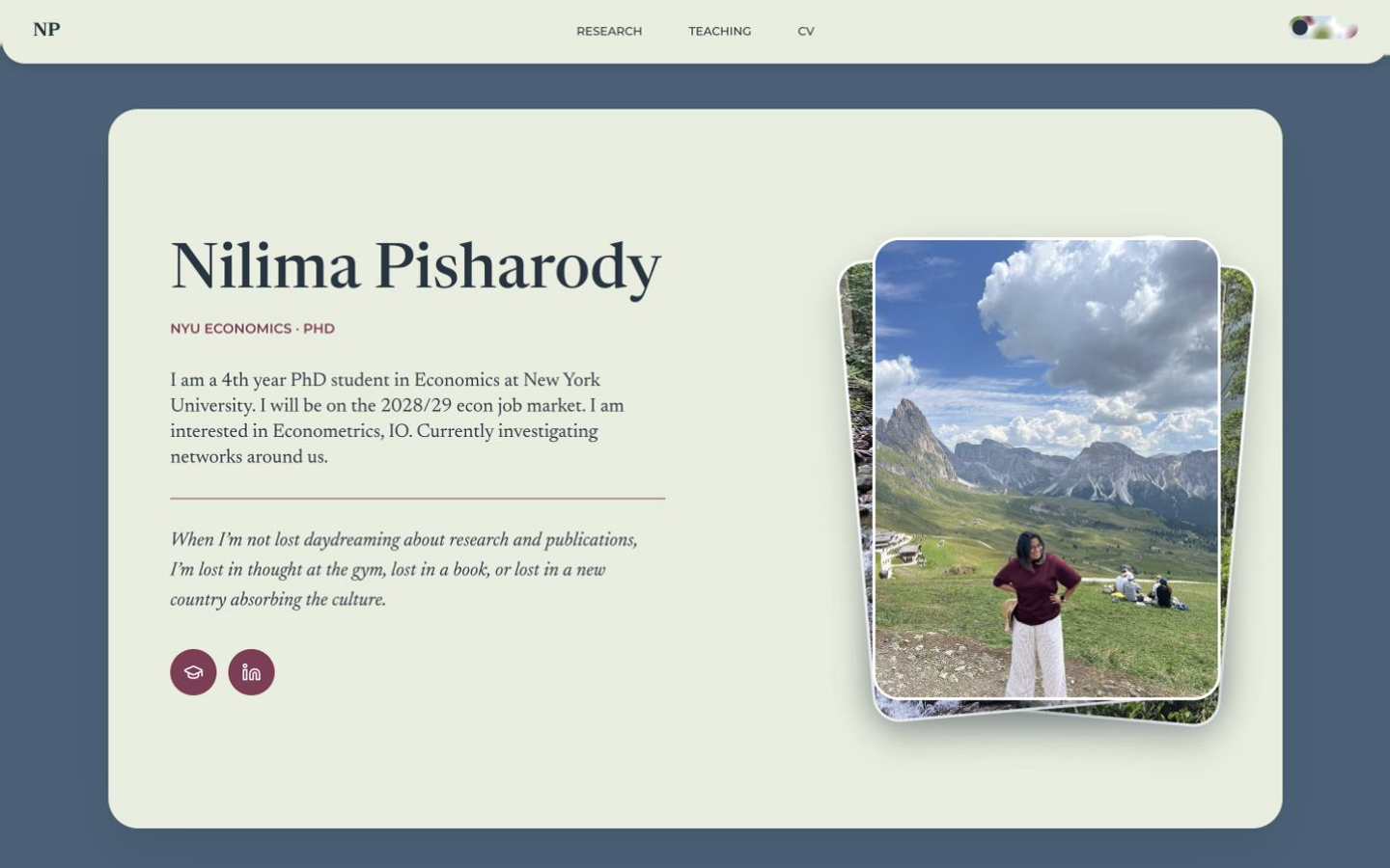 Nilima Pisharody's landing page in its slate blue and pale green colour palette