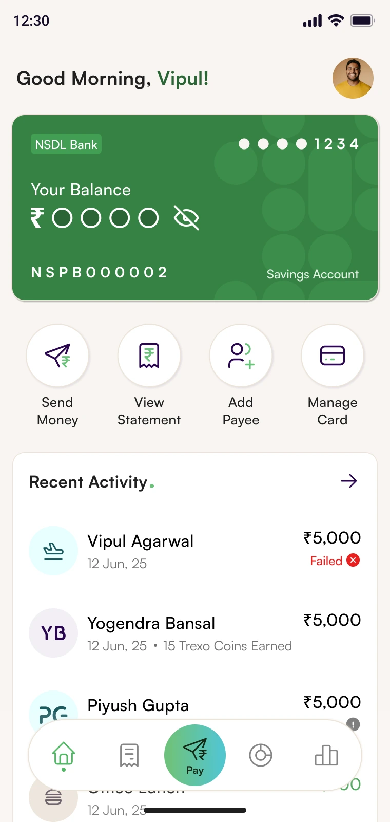 Trexo Money app: Account overview