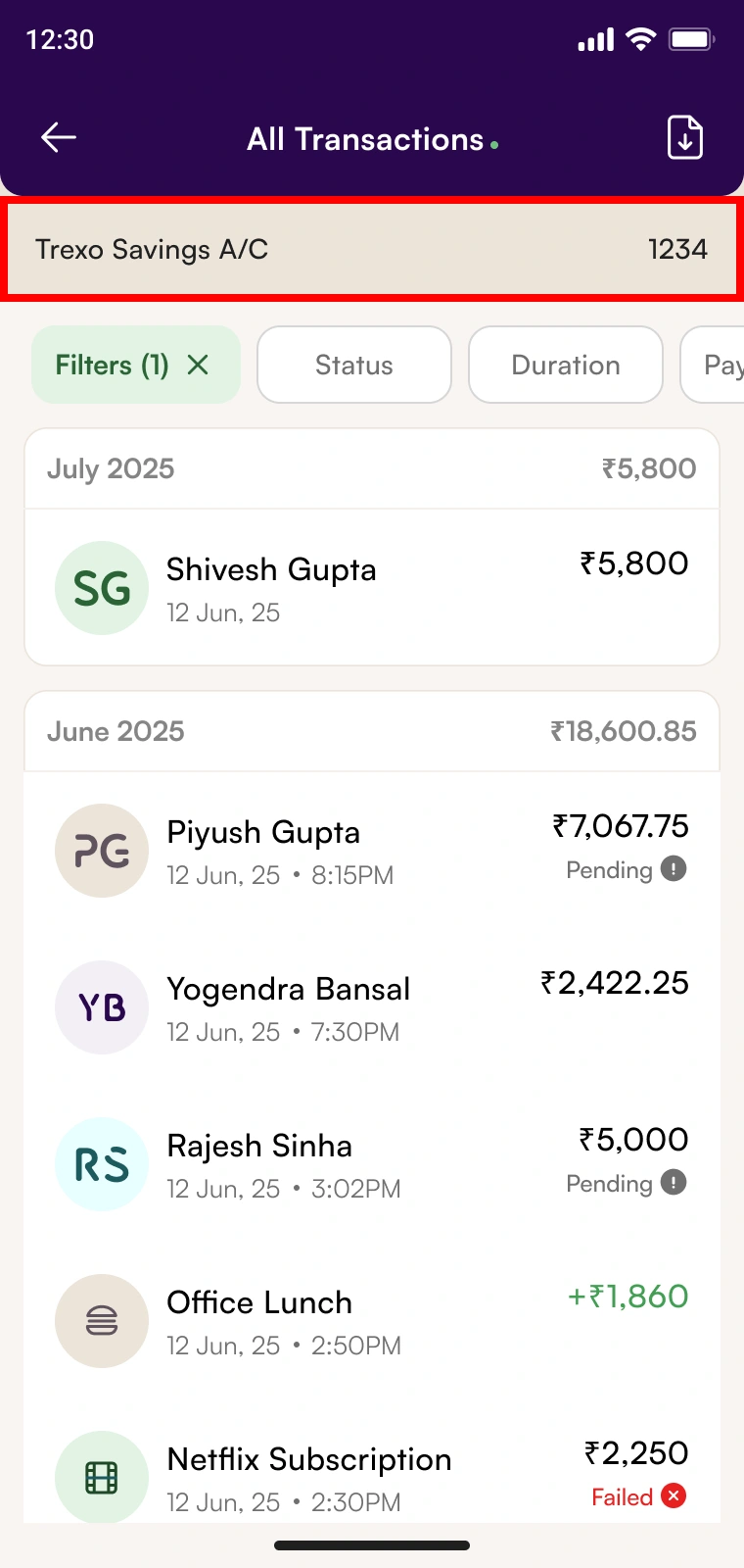 Trexo Money app: Recent transactions